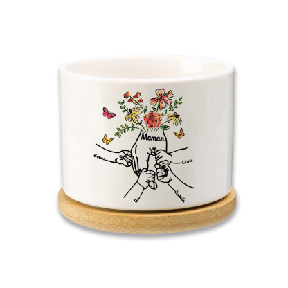 Personalisierbarer Text & 4 Namen vielfarbige Hand in Hand Familie Blumentopf