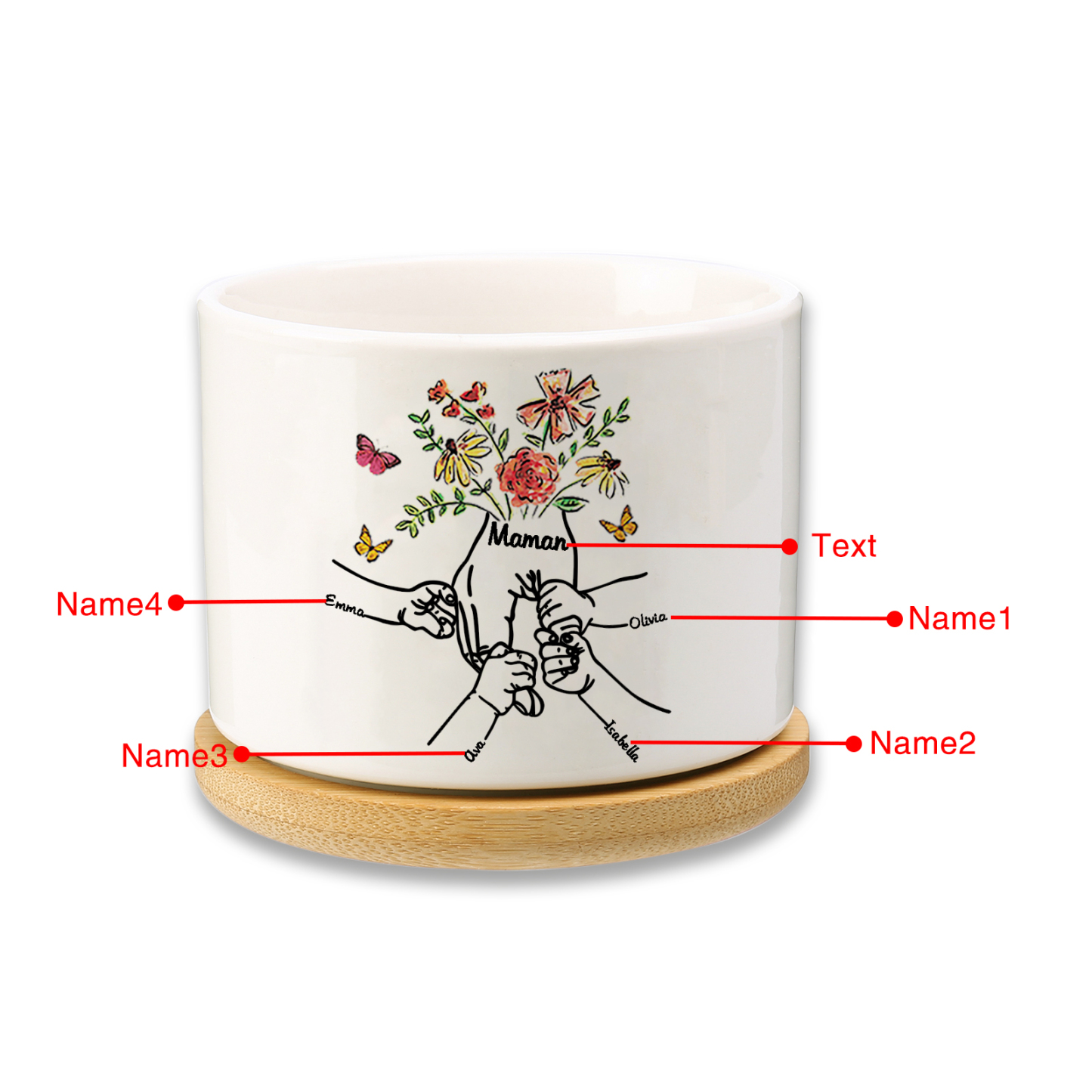 Personalisierbarer Text & 4 Namen vielfarbige Hand in Hand Familie Blumentopf