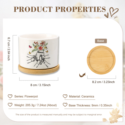 Personalisierbarer Text & 5 Namen vielfarbige Hand in Hand Familie Blumentopf