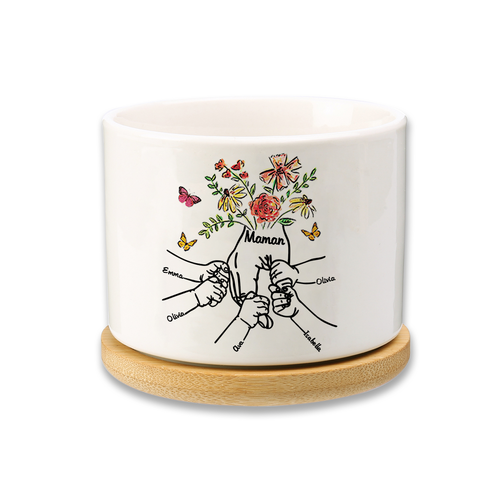 Personalisierbarer Text & 5 Namen vielfarbige Hand in Hand Familie Blumentopf