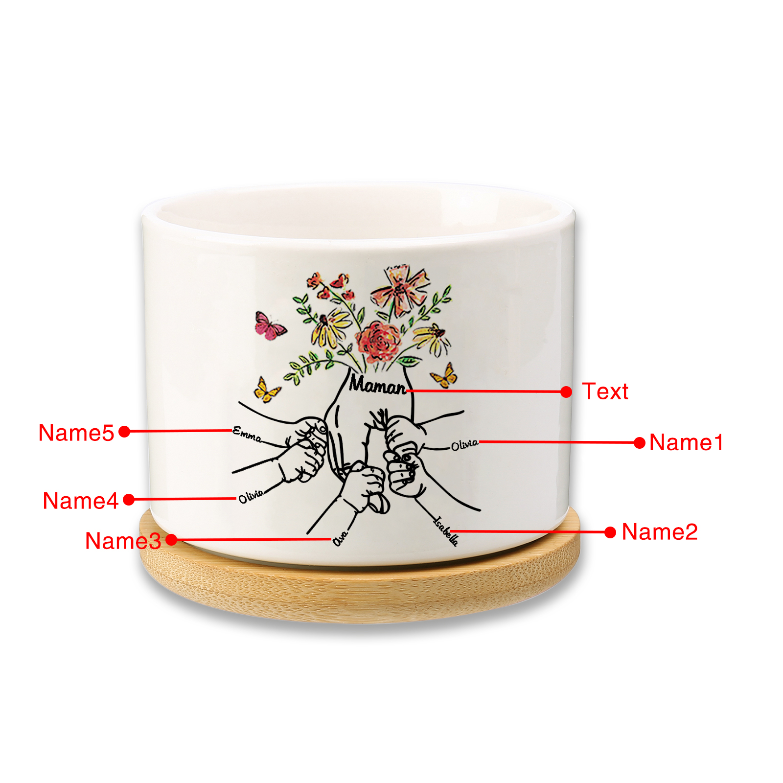 Personalisierbarer Text & 5 Namen vielfarbige Hand in Hand Familie Blumentopf