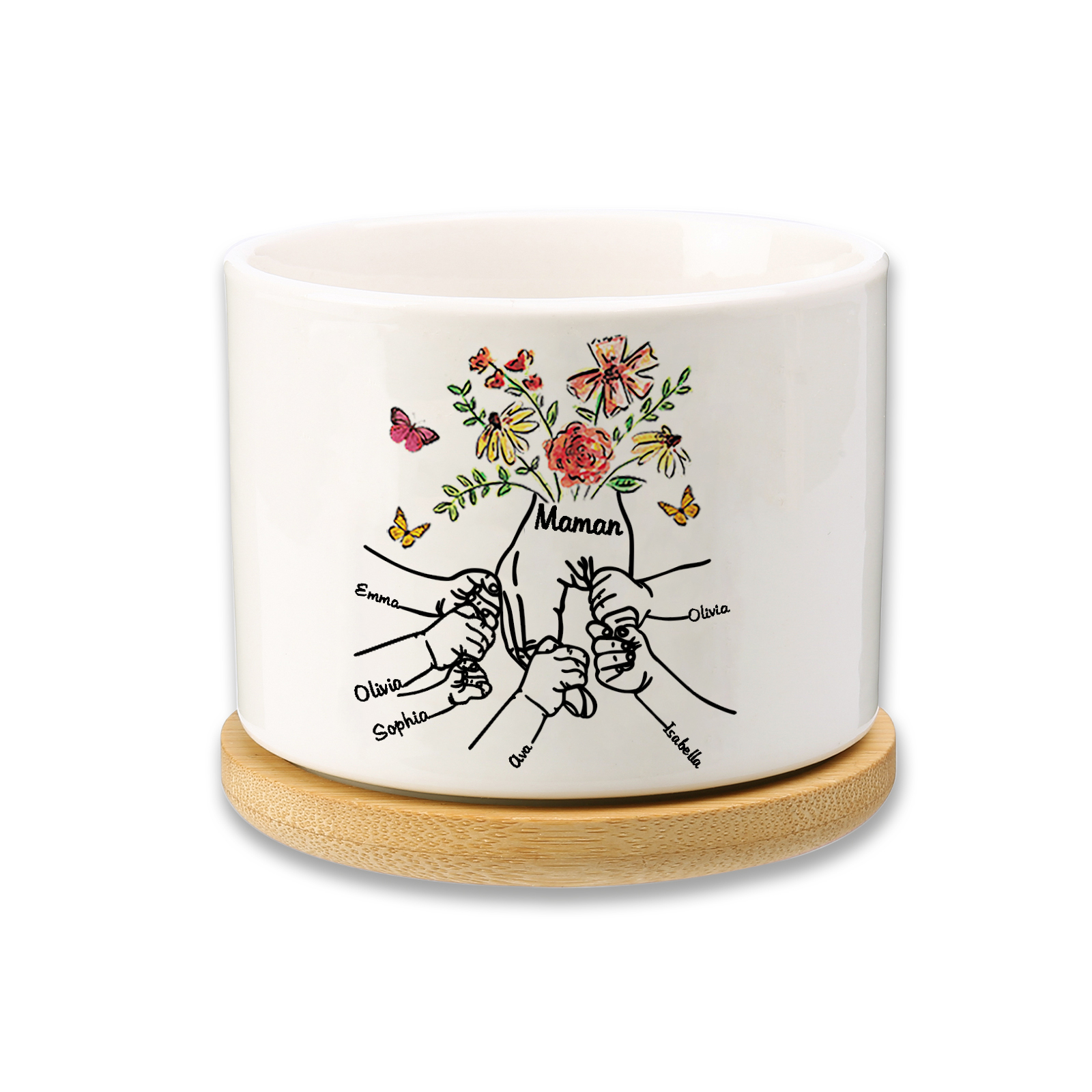 Personalisierbarer Text & 6 Namen vielfarbige Hand in Hand Familie Blumentopf