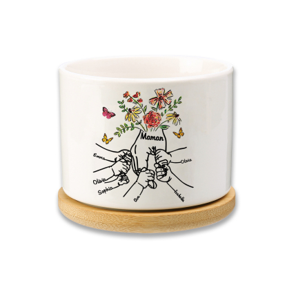 Personalisierbarer Text & 6 Namen vielfarbige Hand in Hand Familie Blumentopf