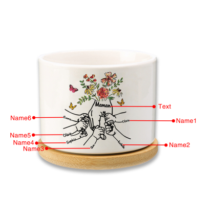 Personalisierbarer Text & 6 Namen vielfarbige Hand in Hand Familie Blumentopf