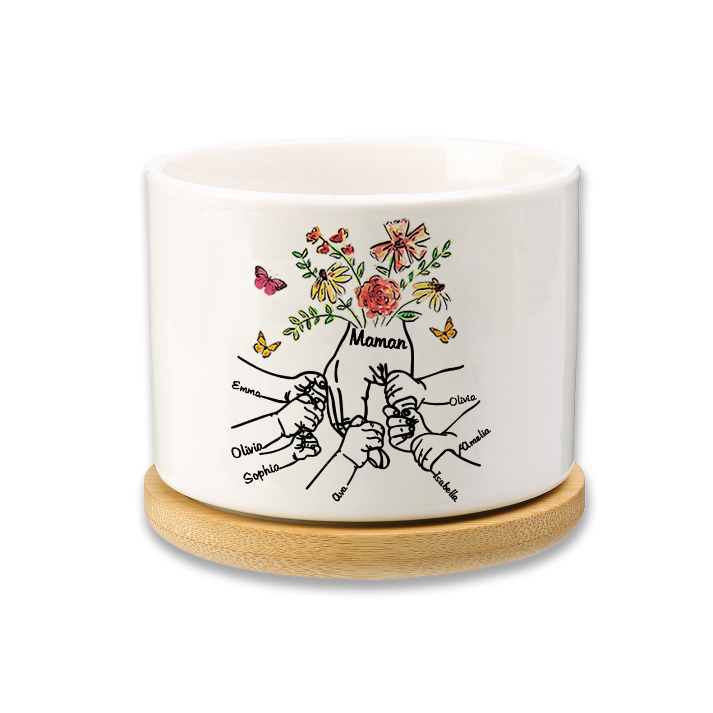Personalisierbarer Text & 7 Namen vielfarbige Hand in Hand Familie Blumentopf