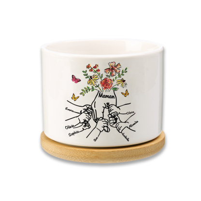 Personalisierbarer Text & 7 Namen vielfarbige Hand in Hand Familie Blumentopf