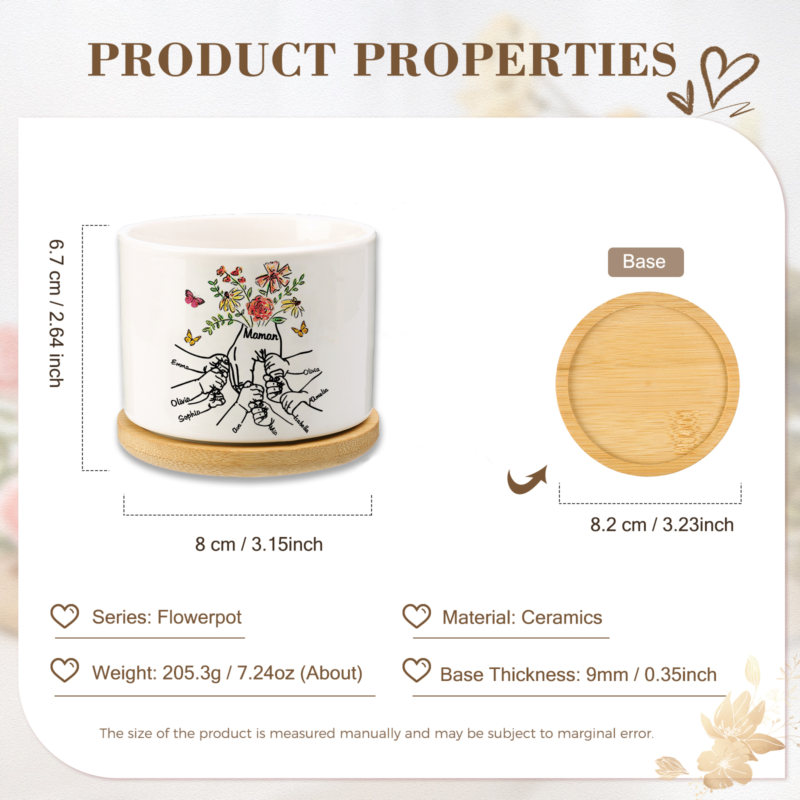 Personalisierbarer Text & 8 Namen vielfarbige Hand in Hand Familie Blumentopf