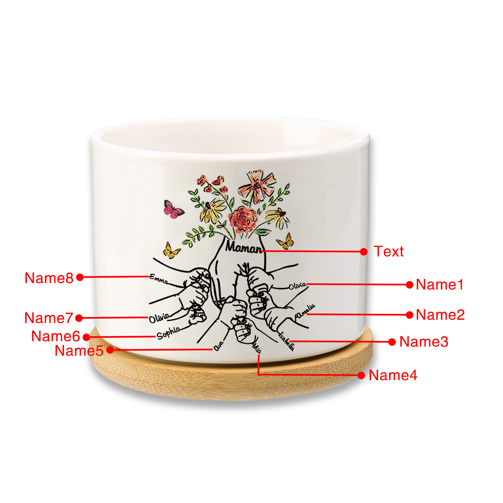 Personalisierbarer Text & 8 Namen vielfarbige Hand in Hand Familie Blumentopf