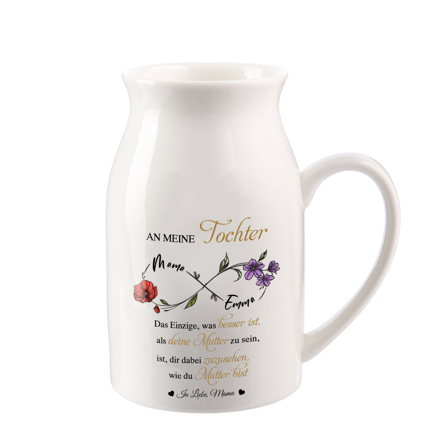 Personalisierte 2 Namen & Geburtsblumen-An meine Tochter- Gießvase mit Henkel Mama Vase-Pefektes Geschenk für Tochter