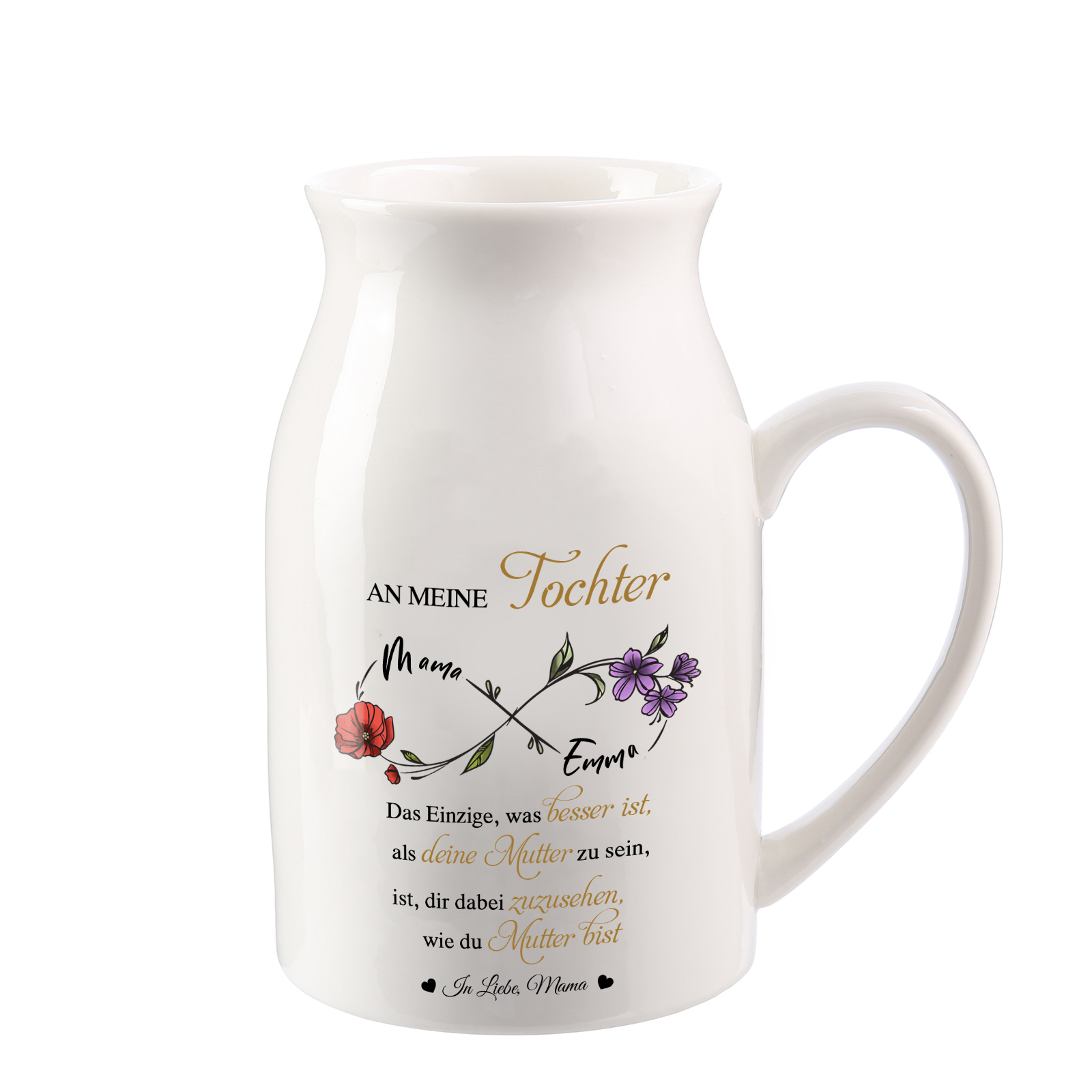 Personalisierte 2 Namen & Geburtsblumen-An meine Tochter- Gießvase mit Henkel Mama Vase-Pefektes Geschenk für Tochter