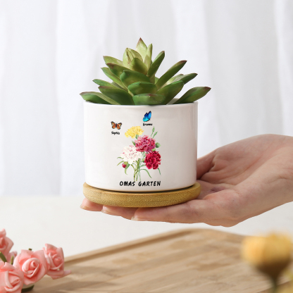 Personalisierbarer Text & 2 Namen vielfarbige Hand in Hand Familie Blumentopf