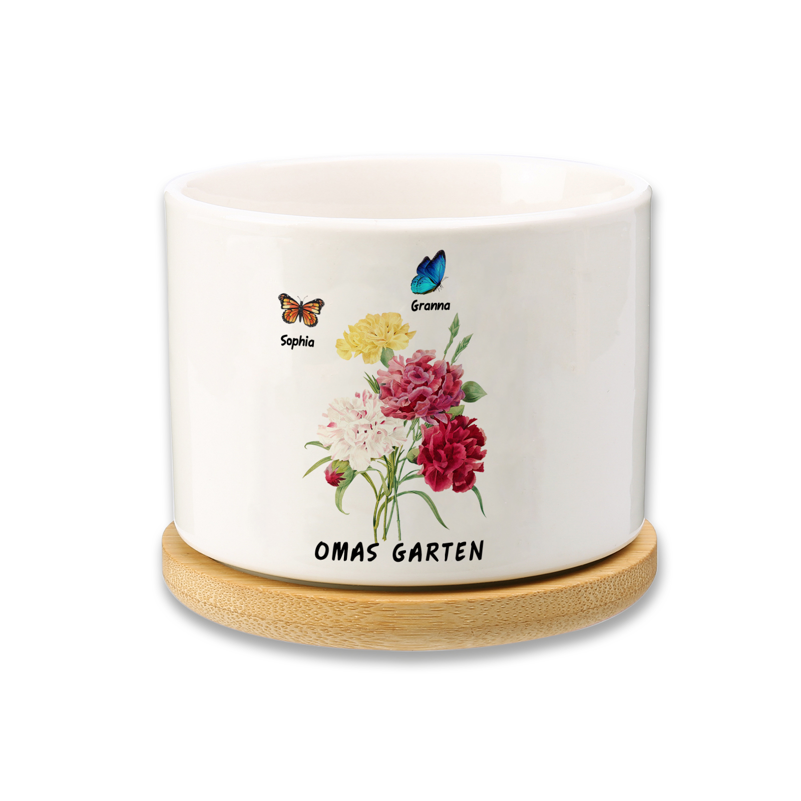 Personalisierbarer Text & 2 Namen vielfarbige Hand in Hand Familie Blumentopf