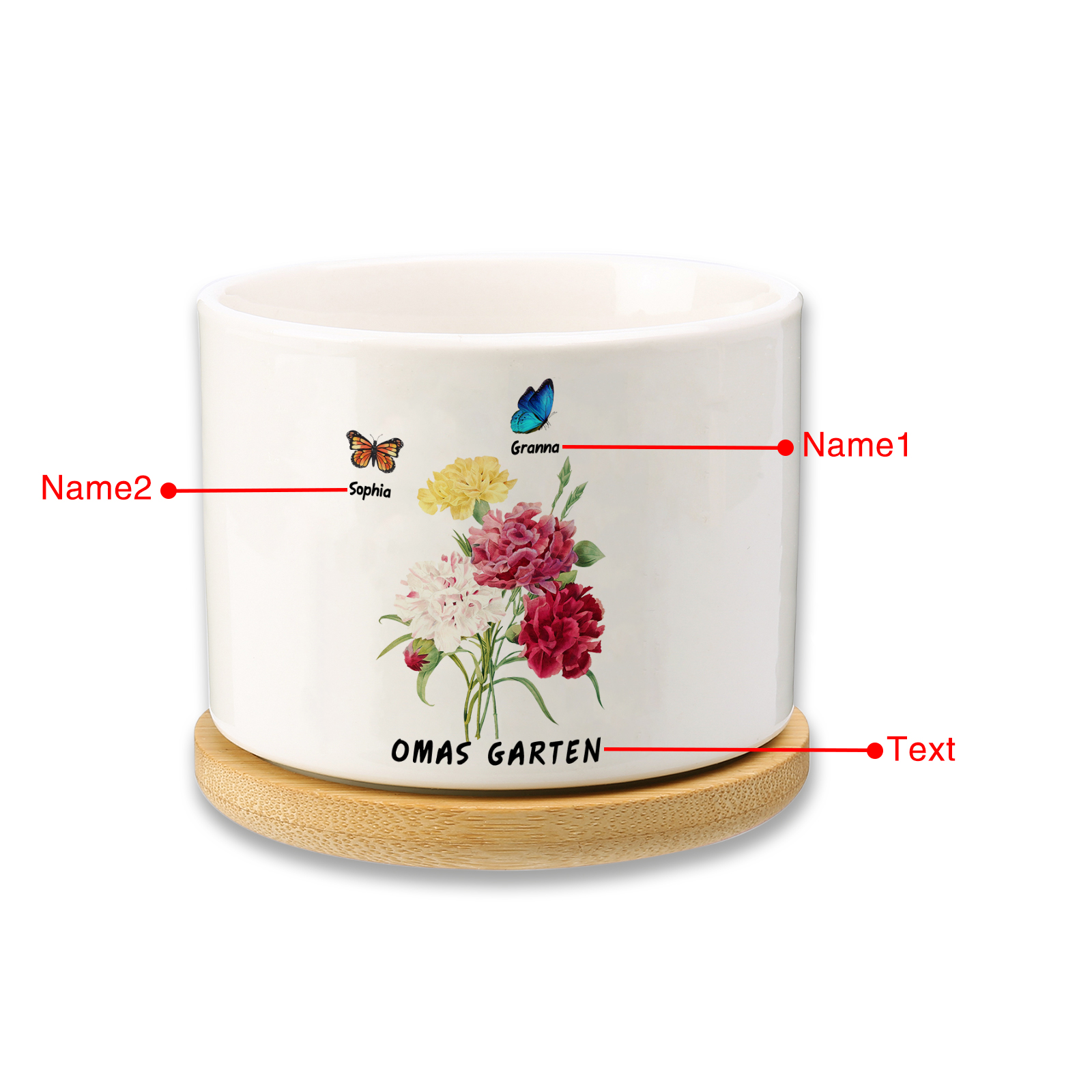 Personalisierbarer Text & 2 Namen vielfarbige Hand in Hand Familie Blumentopf