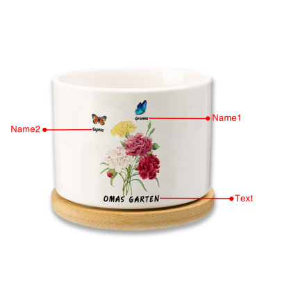 Personalisierbarer Text & 2 Namen vielfarbige Hand in Hand Familie Blumentopf