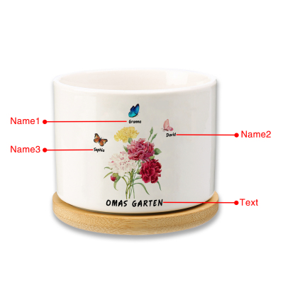 Personalisierbarer Text & 3 Namen vielfarbige Hand in Hand Familie Blumentopf