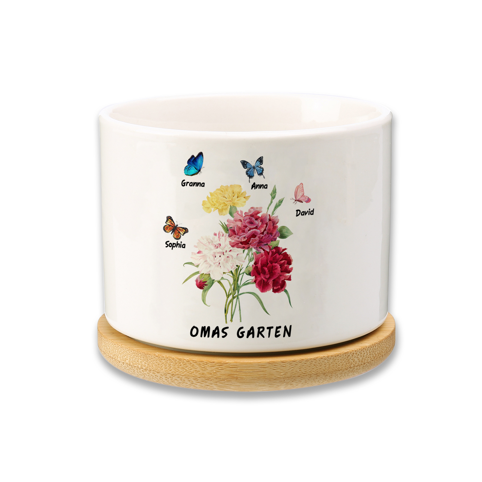 Personalisierbarer Text & 4 Namen vielfarbige Hand in Hand Familie Blumentopf