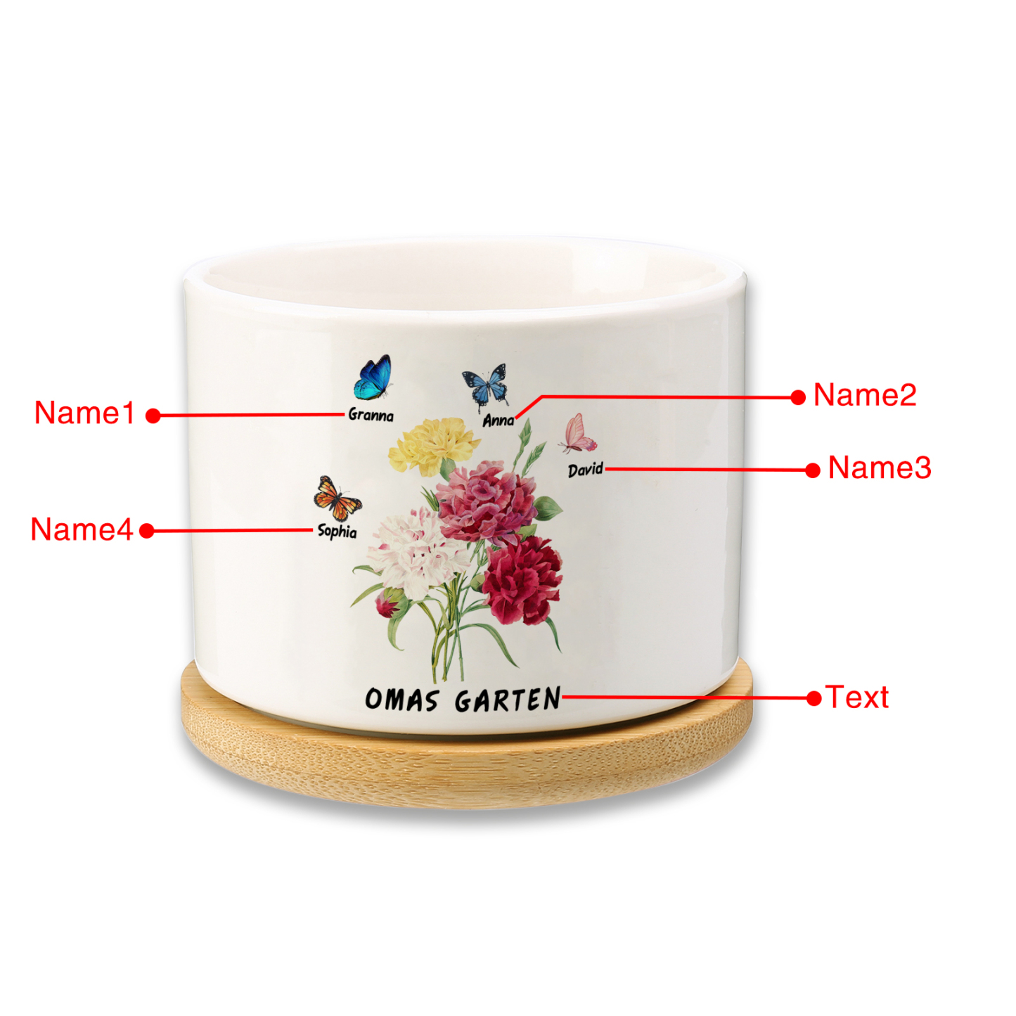 Personalisierbarer Text & 4 Namen vielfarbige Hand in Hand Familie Blumentopf