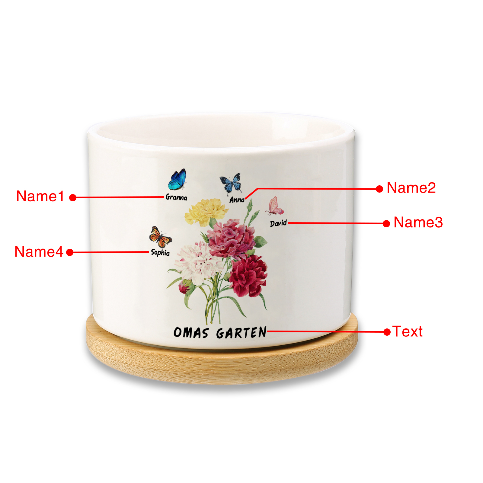 Personalisierbarer Text & 4 Namen vielfarbige Hand in Hand Familie Blumentopf