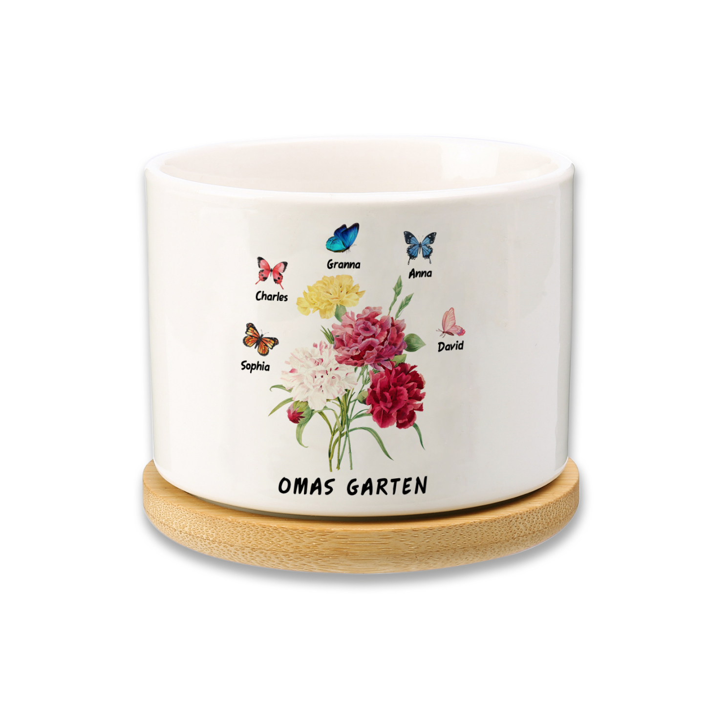 Personalisierbarer Text & 5 Namen vielfarbige Hand in Hand Familie Blumentopf