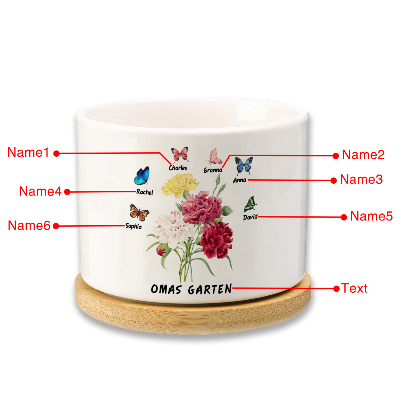 Personalisierbarer Text & 6 Namen vielfarbige Hand in Hand Familie Blumentopf
