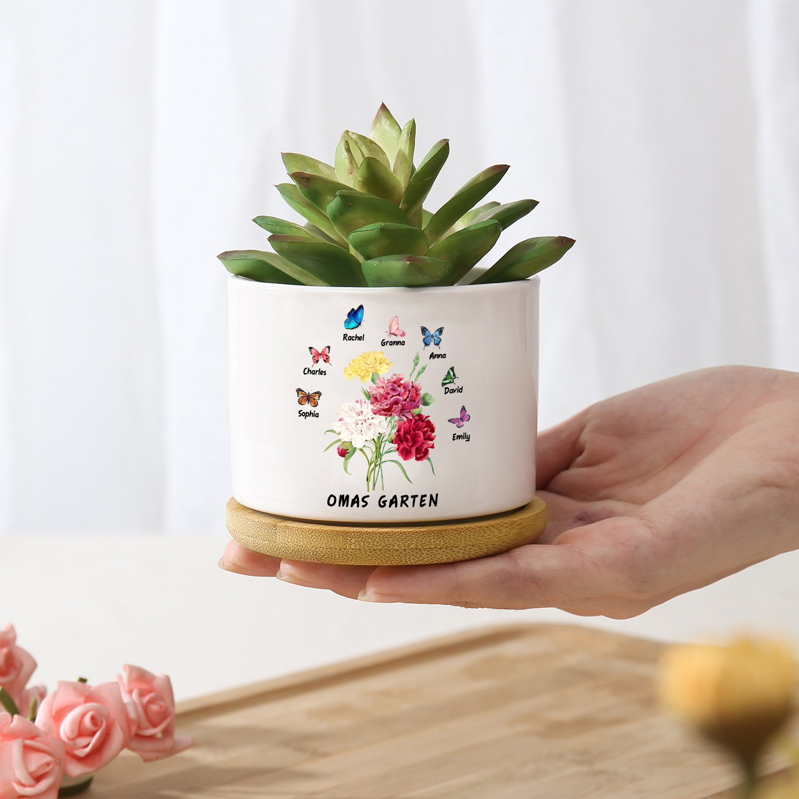 Personalisierbarer Text & 7 Namen vielfarbige Hand in Hand Familie Blumentopf