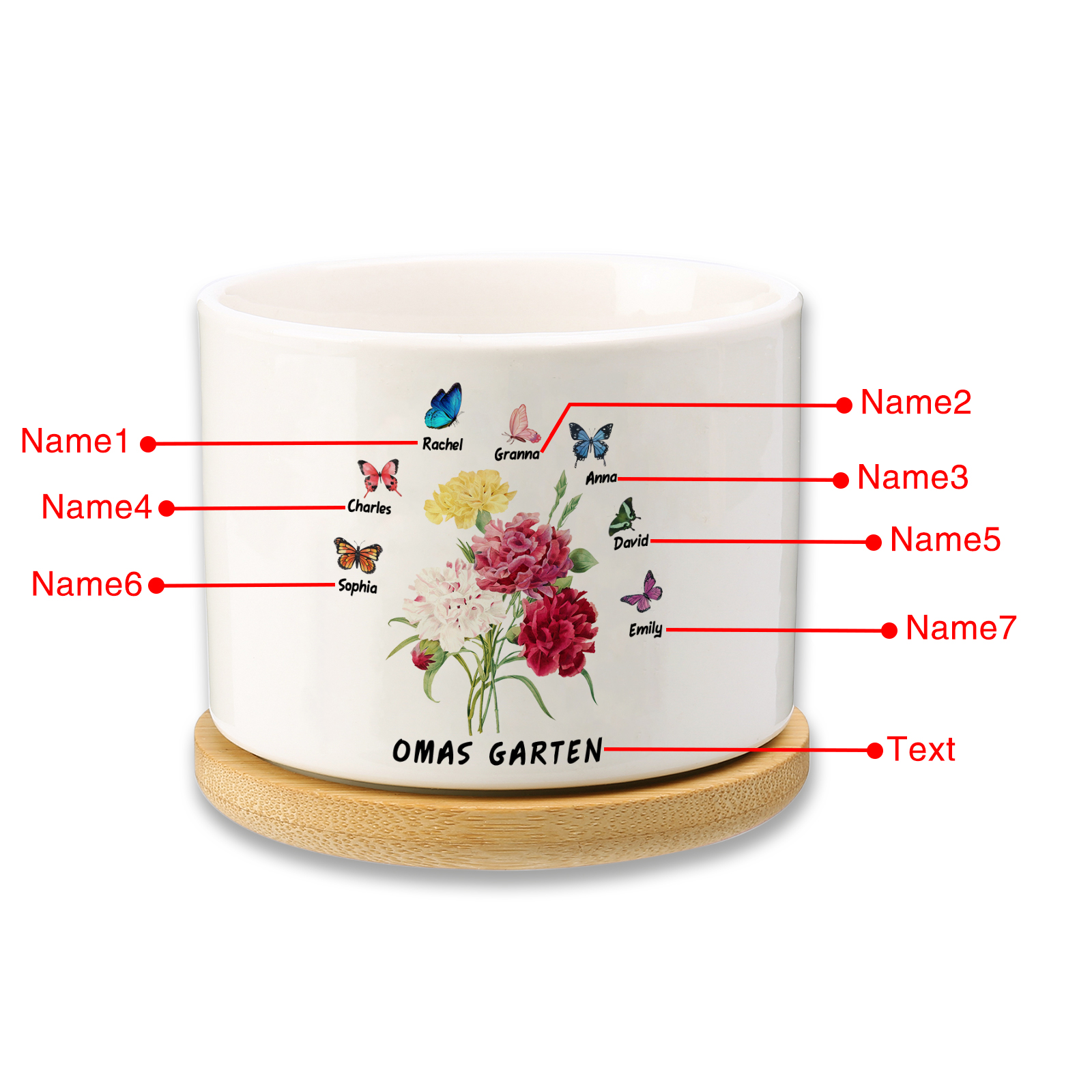 Personalisierbarer Text & 7 Namen vielfarbige Hand in Hand Familie Blumentopf