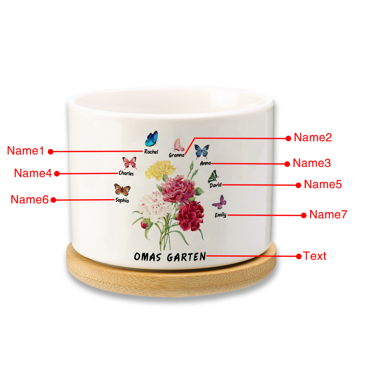 Personalisierbarer Text & 7 Namen vielfarbige Hand in Hand Familie Blumentopf