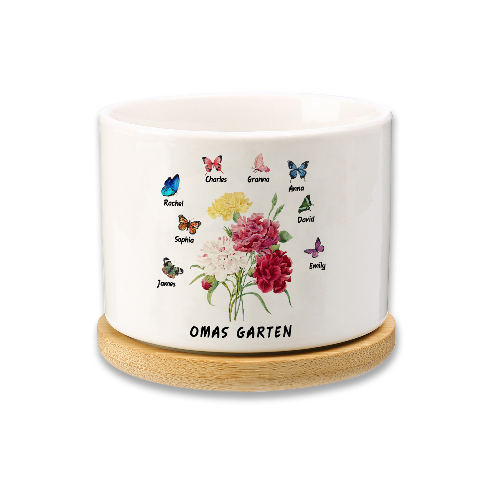 Personalisierbarer Text & 8 Namen vielfarbige Hand in Hand Familie Blumentopf