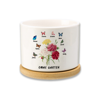 Personalisierbarer Text & 8 Namen vielfarbige Hand in Hand Familie Blumentopf