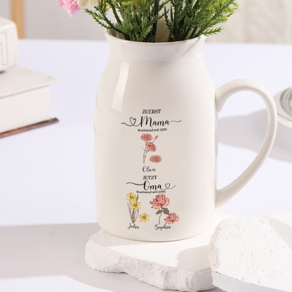 Personalisierte 3 Namen-Zuerst MAMA, Jetzt Oma Geburtsblumen Gießvase mit Henkel Mama Vase-Pefektes Geschenk für Mama /Oma