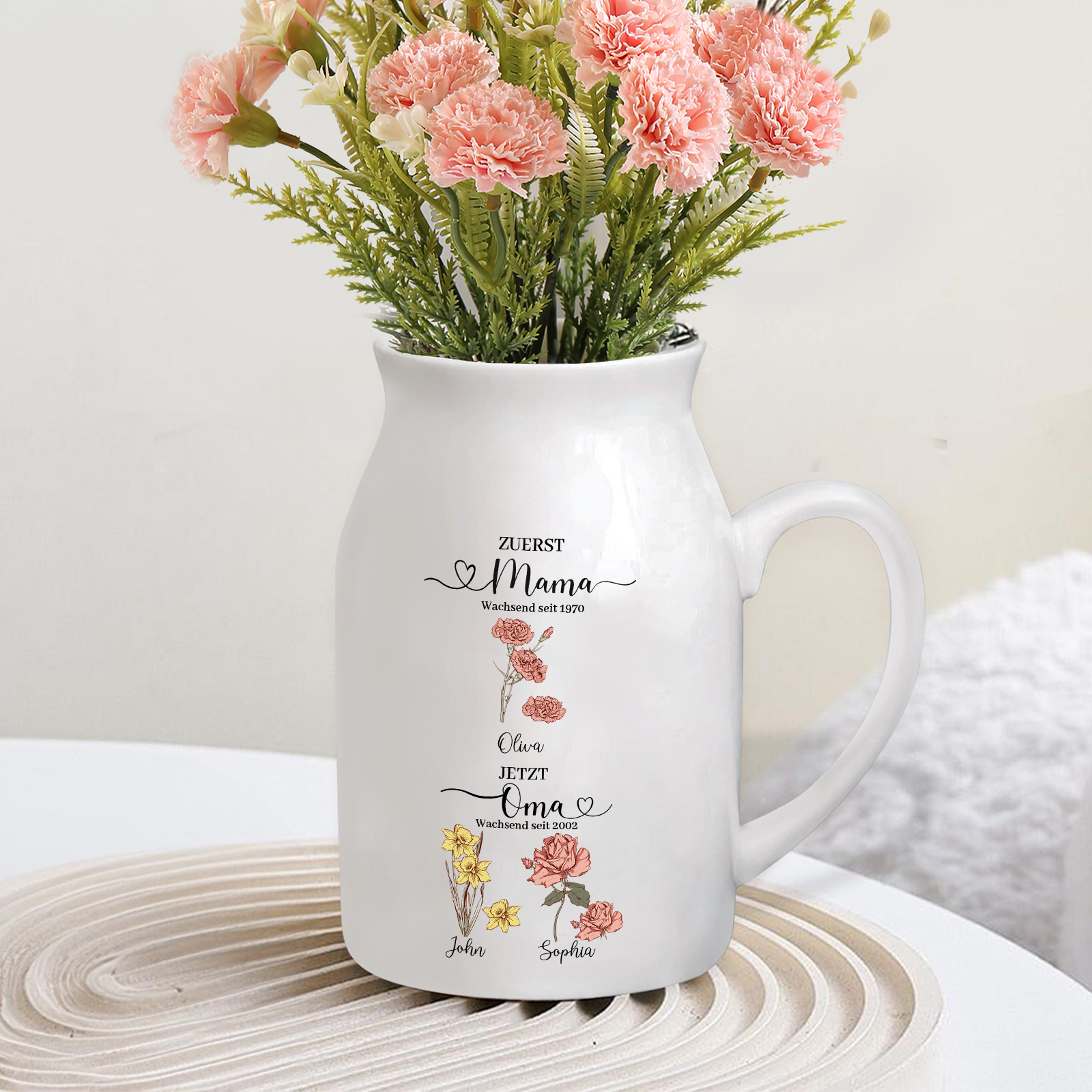 Personalisierte 3 Namen-Zuerst MAMA, Jetzt Oma Geburtsblumen Gießvase mit Henkel Mama Vase-Pefektes Geschenk für Mama /Oma
