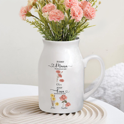 Personalisierte 3 Namen-Zuerst MAMA, Jetzt Oma Geburtsblumen Gießvase mit Henkel Mama Vase-Pefektes Geschenk für Mama /Oma