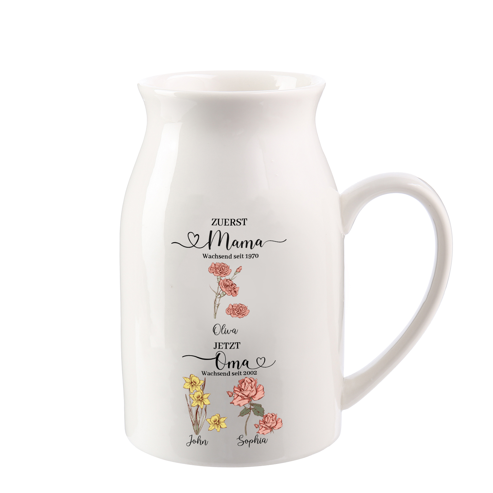 Personalisierte 3 Namen-Zuerst MAMA, Jetzt Oma Geburtsblumen Gießvase mit Henkel Mama Vase-Pefektes Geschenk für Mama /Oma