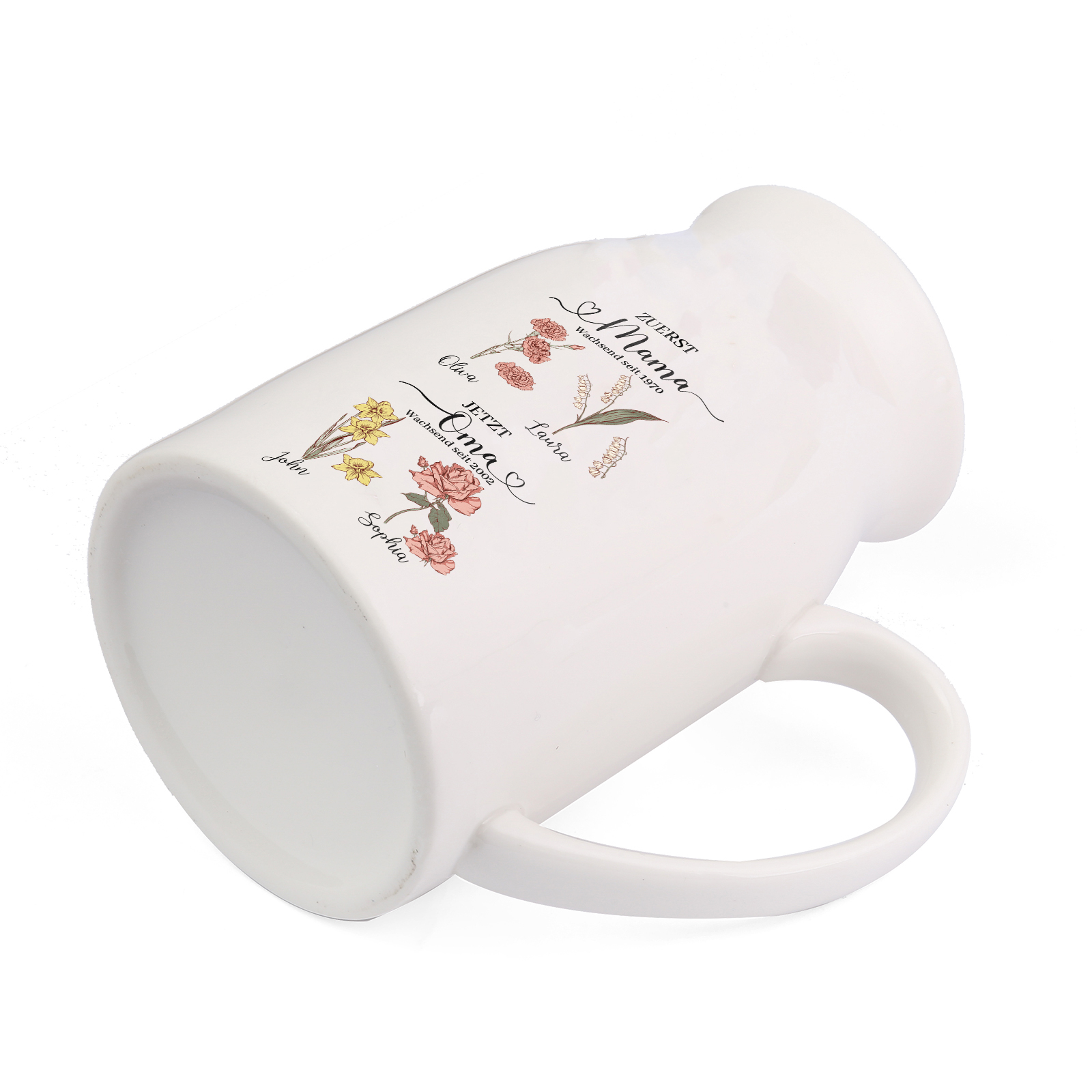 Personalisierte 4 Namen-Zuerst MAMA, Jetzt Oma Geburtsblumen Gießvase mit Henkel Mama Vase-Pefektes Geschenk für Mama /Oma