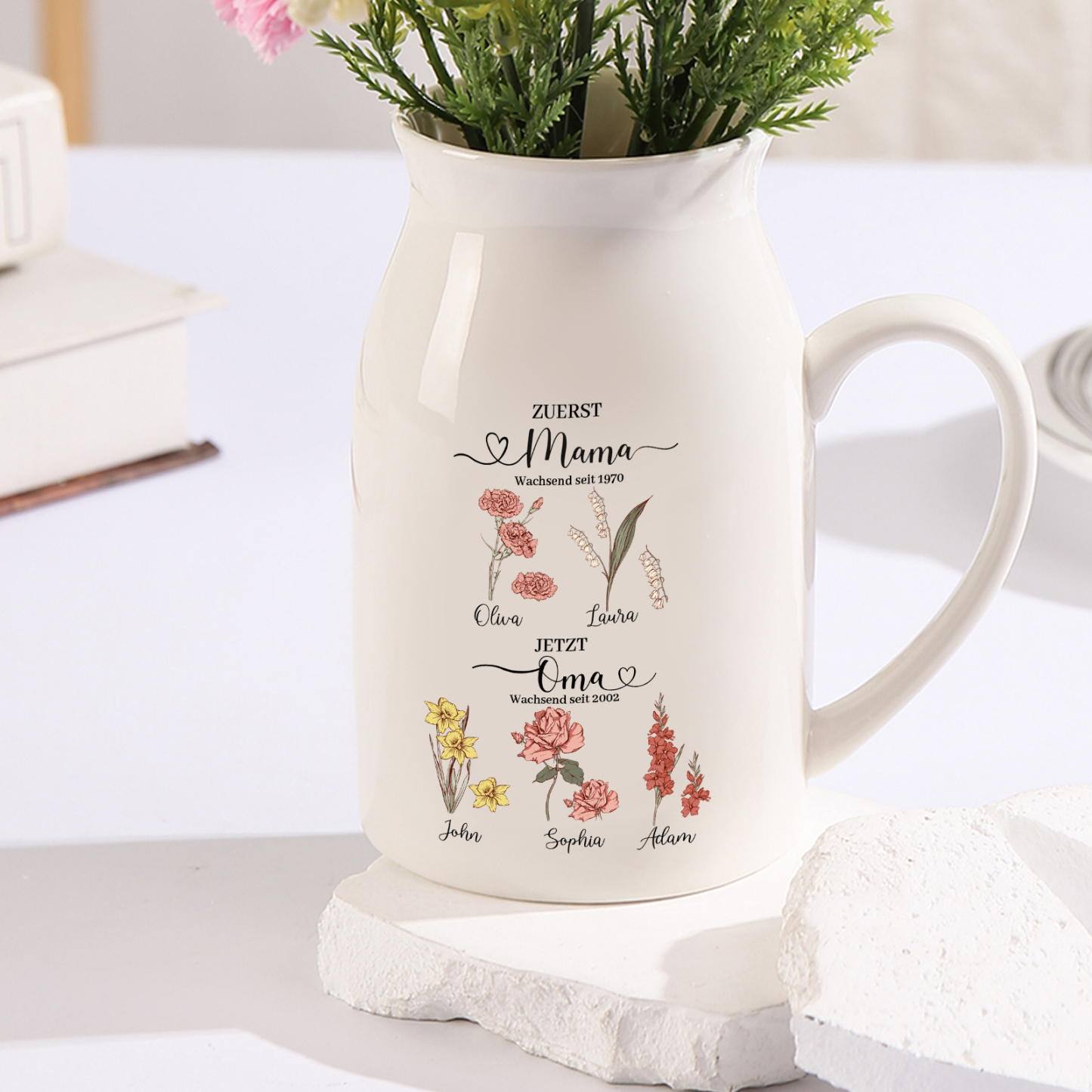 Personalisierte 5 Namen-Zuerst MAMA, Jetzt Oma Geburtsblumen Gießvase mit Henkel Mama Vase-Pefektes Geschenk für Mama /Oma