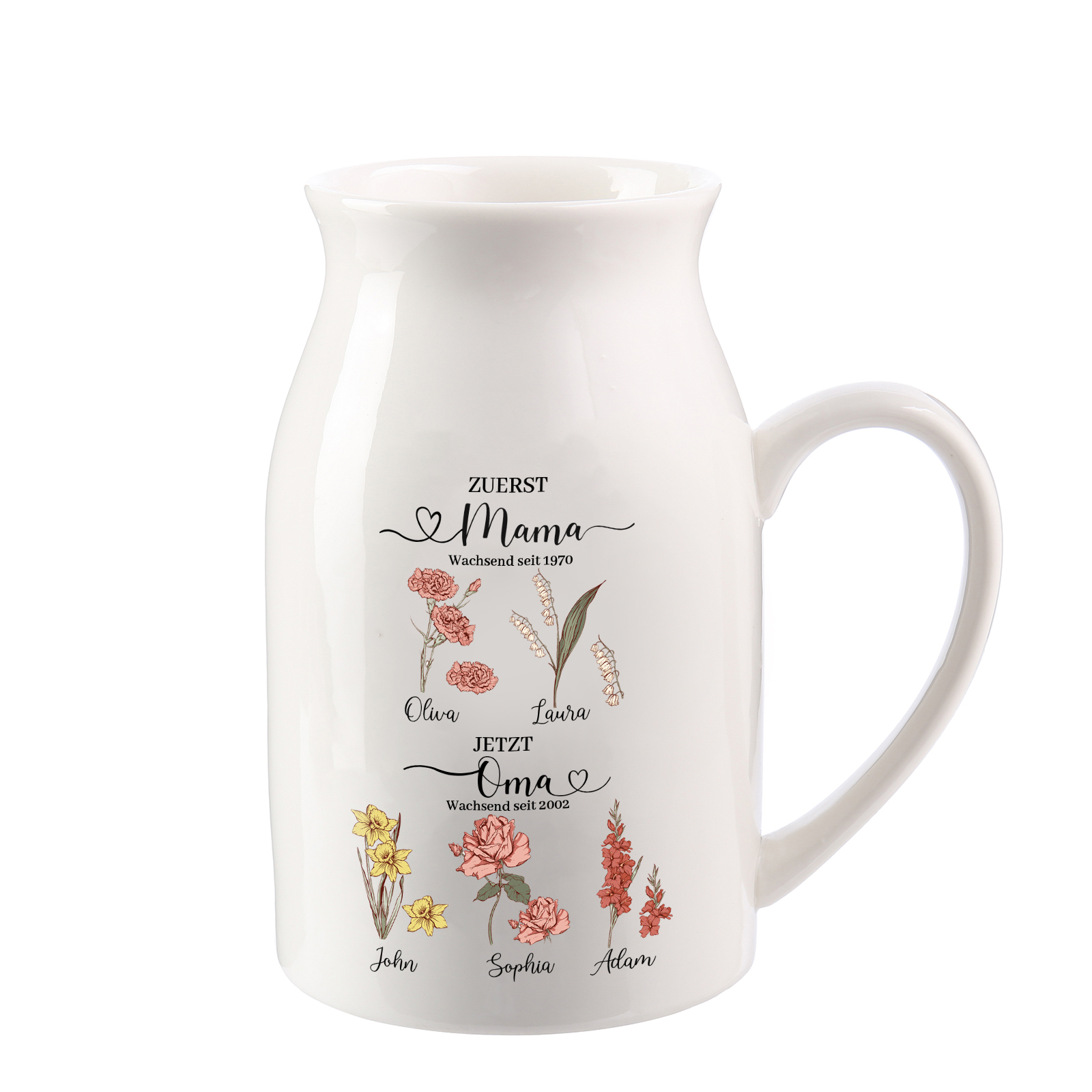 Personalisierte 5 Namen-Zuerst MAMA, Jetzt Oma Geburtsblumen Gießvase mit Henkel Mama Vase-Pefektes Geschenk für Mama /Oma