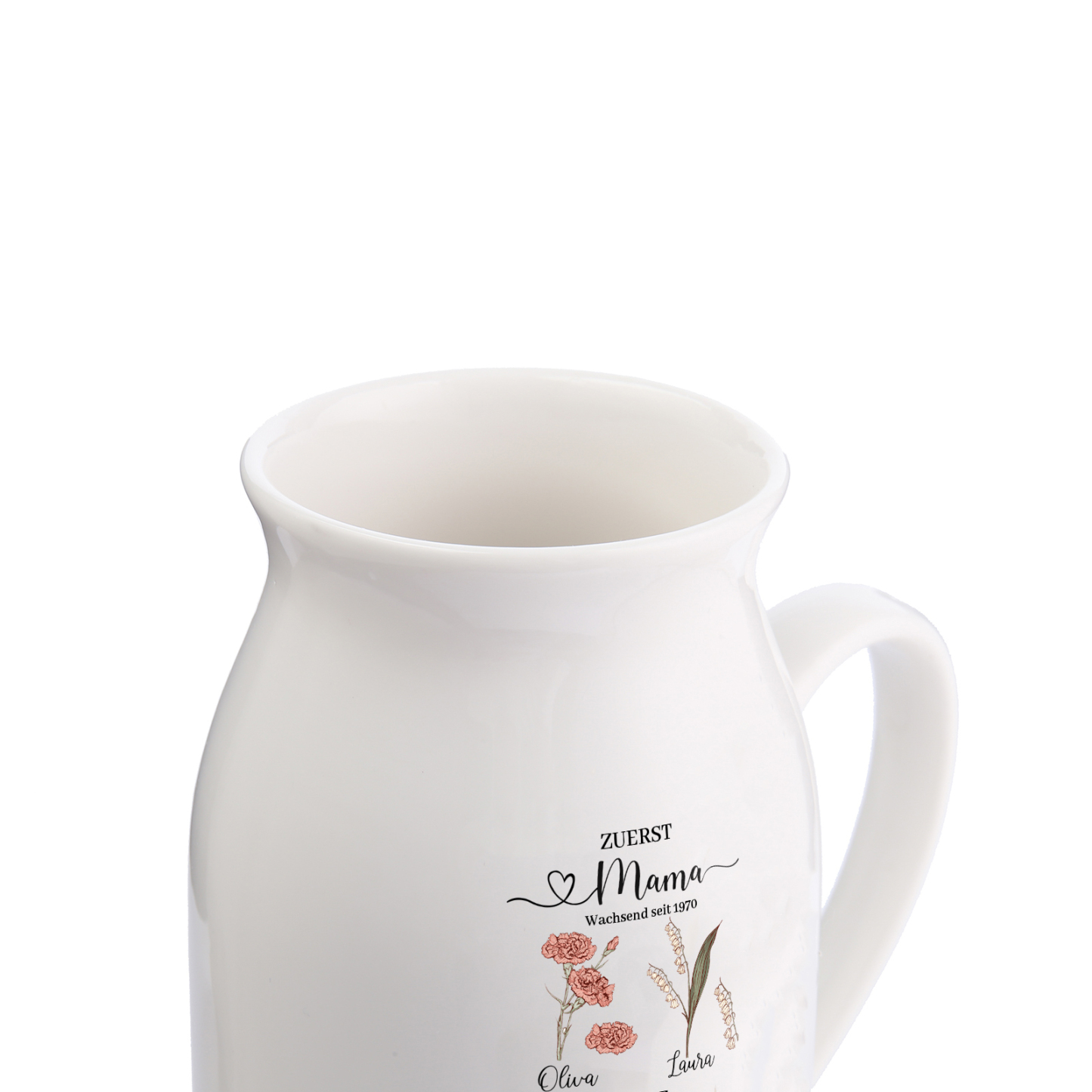 Personalisierte 5 Namen-Zuerst MAMA, Jetzt Oma Geburtsblumen Gießvase mit Henkel Mama Vase-Pefektes Geschenk für Mama /Oma