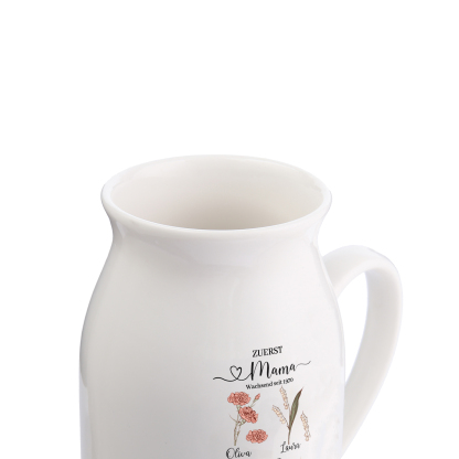 Personalisierte 5 Namen-Zuerst MAMA, Jetzt Oma Geburtsblumen Gießvase mit Henkel Mama Vase-Pefektes Geschenk für Mama /Oma