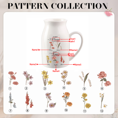 Personalisierte 5 Namen-Zuerst MAMA, Jetzt Oma Geburtsblumen Gießvase mit Henkel Mama Vase-Pefektes Geschenk für Mama /Oma