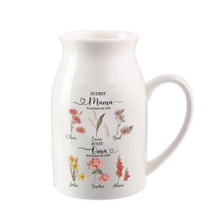 Personalisierte 6 Namen-Zuerst MAMA, Jetzt Oma Geburtsblumen Gießvase mit Henkel Mama Vase-Pefektes Geschenk für Mama /Oma