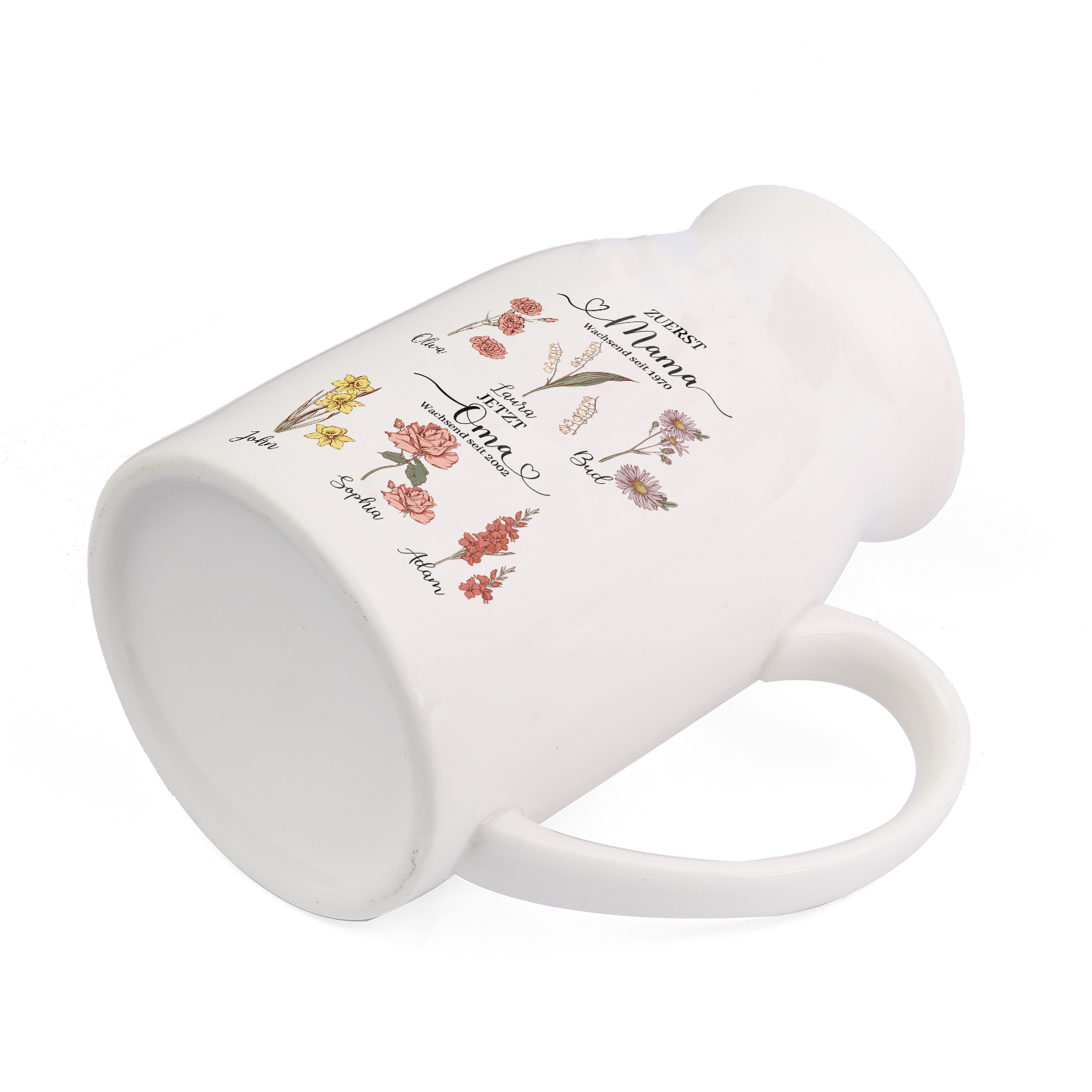 Personalisierte 6 Namen-Zuerst MAMA, Jetzt Oma Geburtsblumen Gießvase mit Henkel Mama Vase-Pefektes Geschenk für Mama /Oma