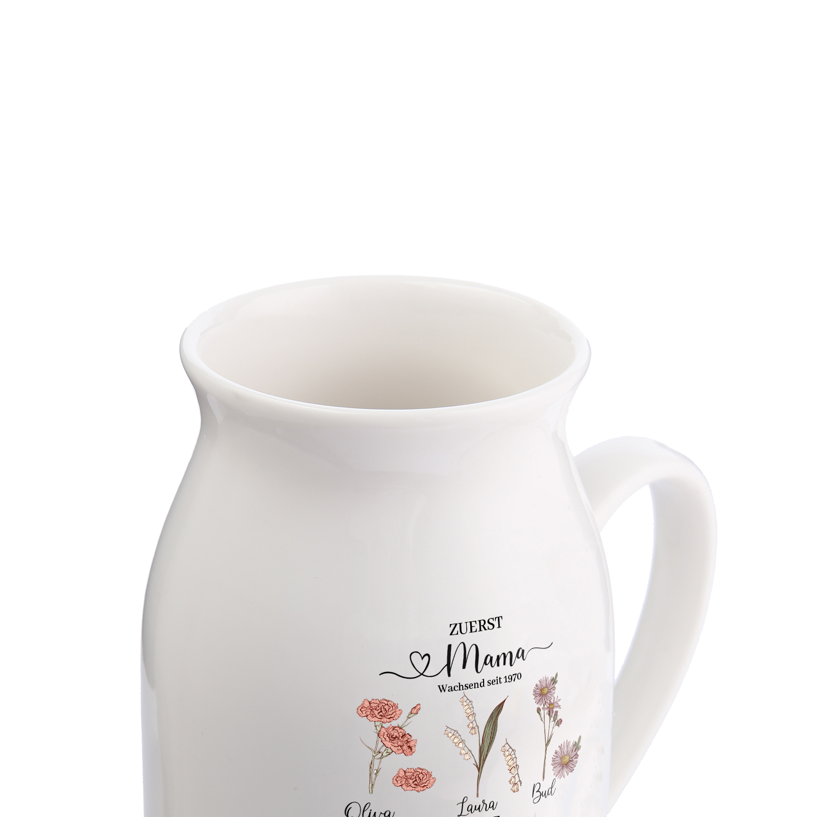 Personalisierte 6 Namen-Zuerst MAMA, Jetzt Oma Geburtsblumen Gießvase mit Henkel Mama Vase-Pefektes Geschenk für Mama /Oma
