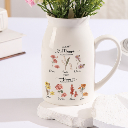 Personalisierte 7 Namen-Zuerst MAMA, Jetzt Oma Geburtsblumen Gießvase mit Henkel Mama Vase-Pefektes Geschenk für Mama /Oma