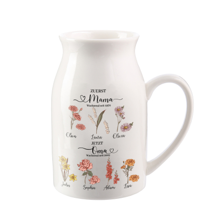 Personalisierte 7 Namen-Zuerst MAMA, Jetzt Oma Geburtsblumen Gießvase mit Henkel Mama Vase-Pefektes Geschenk für Mama /Oma