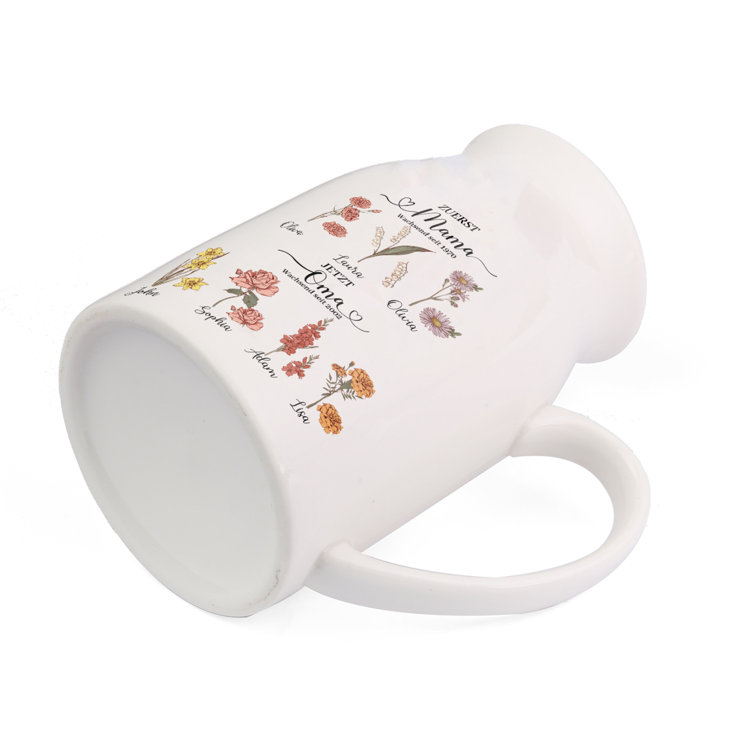 Personalisierte 7 Namen-Zuerst MAMA, Jetzt Oma Geburtsblumen Gießvase mit Henkel Mama Vase-Pefektes Geschenk für Mama /Oma