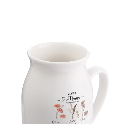 Personalisierte 7 Namen-Zuerst MAMA, Jetzt Oma Geburtsblumen Gießvase mit Henkel Mama Vase-Pefektes Geschenk für Mama /Oma