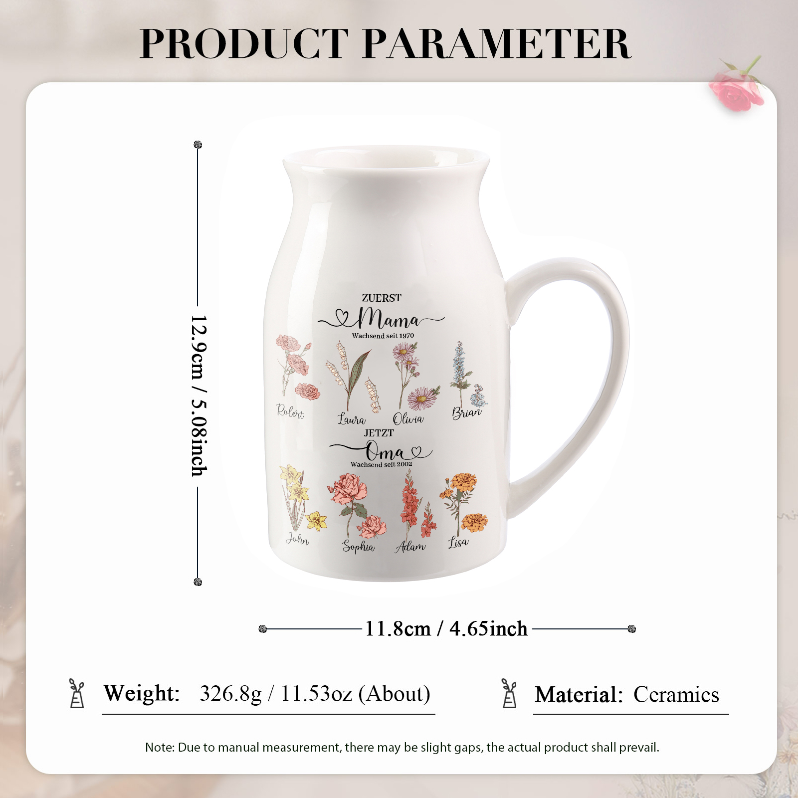 Personalisierte 8 Namen-Zuerst MAMA, Jetzt Oma Geburtsblumen Gießvase mit Henkel Mama Vase-Pefektes Geschenk für Mama /Oma