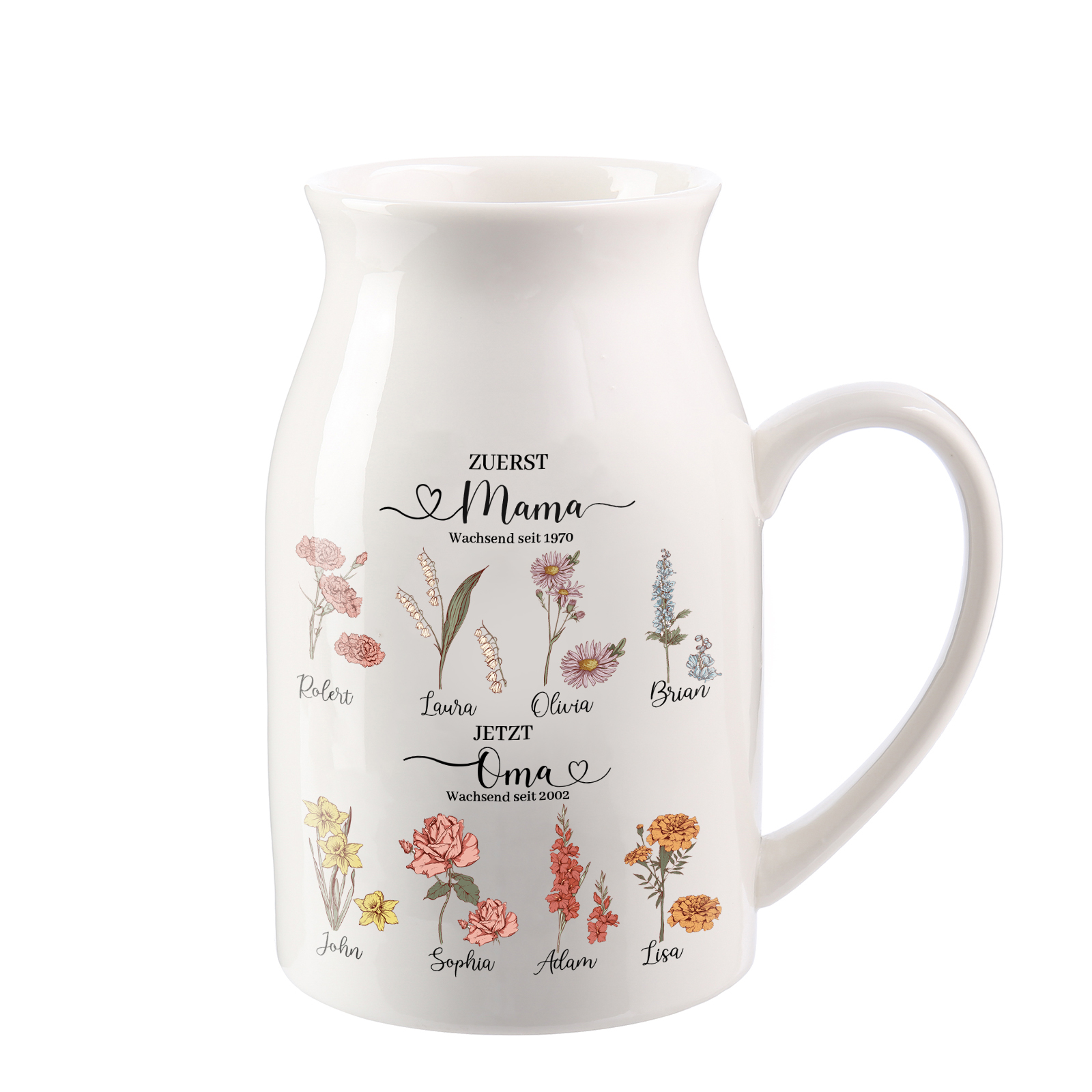 Personalisierte 8 Namen-Zuerst MAMA, Jetzt Oma Geburtsblumen Gießvase mit Henkel Mama Vase-Pefektes Geschenk für Mama /Oma