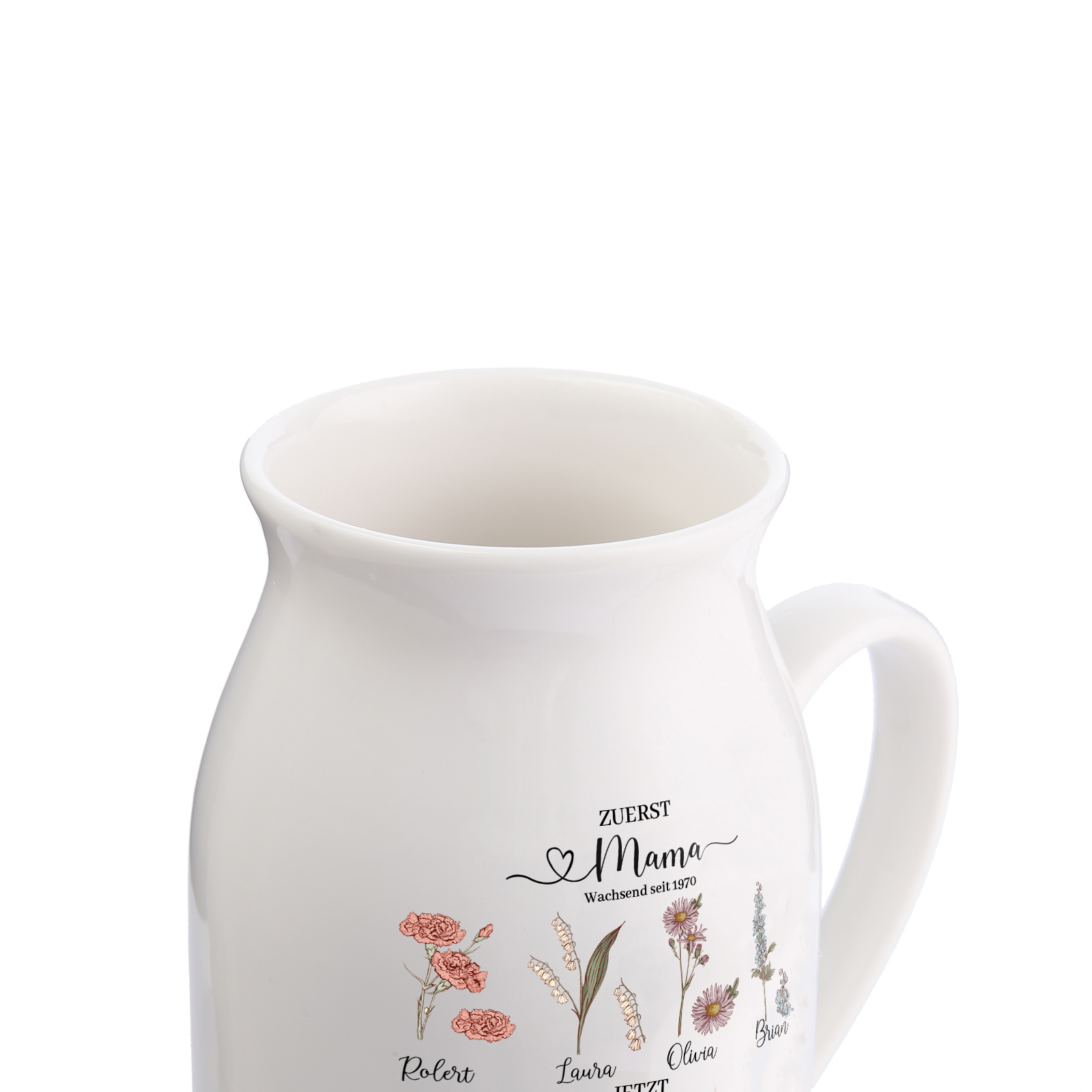 Personalisierte 8 Namen-Zuerst MAMA, Jetzt Oma Geburtsblumen Gießvase mit Henkel Mama Vase-Pefektes Geschenk für Mama /Oma
