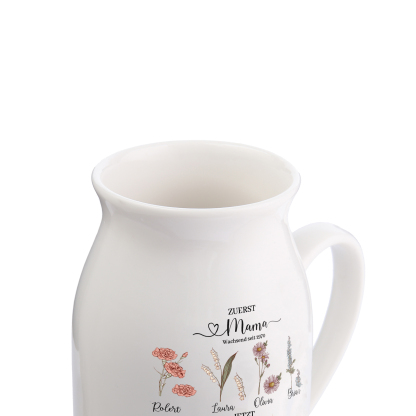 Personalisierte 8 Namen-Zuerst MAMA, Jetzt Oma Geburtsblumen Gießvase mit Henkel Mama Vase-Pefektes Geschenk für Mama /Oma